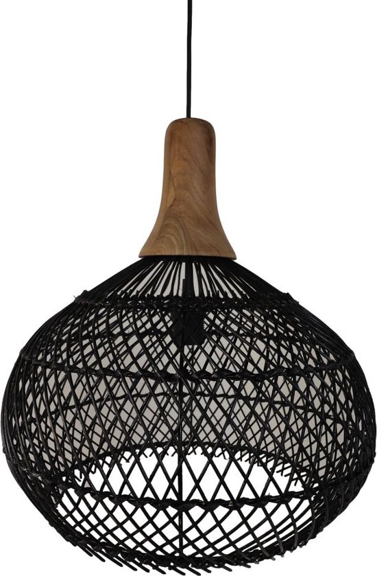 Melody Hanglamp - 43x43x46 cm - Zwart/Naturel - Rotan/Teak - hanglampen eetkamer, hanglamp zwart, hanglampen woonkamer, hanglamp slaapkamer, hanglamp kinderkamer, hanglamp rotan, hanglamp hout, hanglamp industrieel