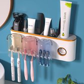 Tandborstelhouder voor aan de muur, automatische tandpastadispenser met 3 kopjes, elektrische tandenborstelhouder met tandpastaknijper, 9 tandborstelorganizer-sleuven en 3 badkameropslag