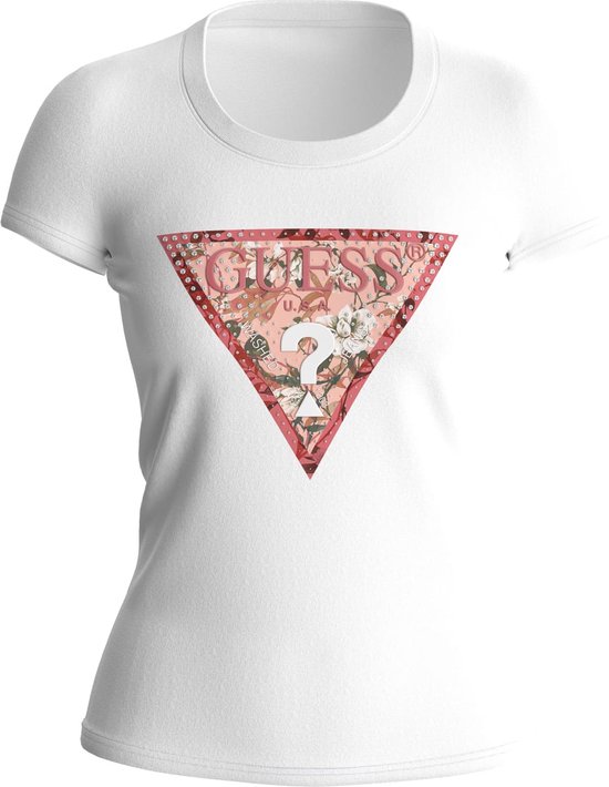 Guess SS RN Satin Triangle Tee Dames T-Shirt - Wit - Maat M