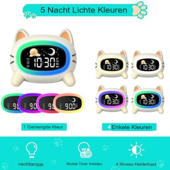 TechGenics Slaaptrainer - Kinderwekker - Slaaphulp - LCD Display - Met Slaapgeluiden en Nachtlamp - Kat - Roze