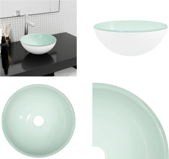 Lavabo rond blanc avec un bord vert menthe, en verre trempé.