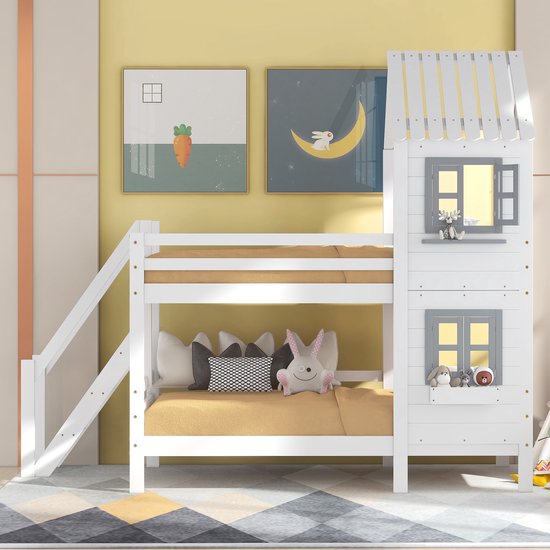 Lit superposé avec balustrade et fenêtre, lit cabane, lit enfant avec protection antichute et grille, structure en pin, blanc (90x200cm)