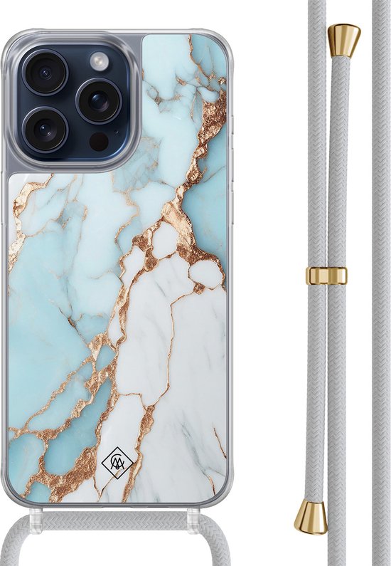 Casimoda® hoesje met grijs koord - Geschikt voor iPhone 15 Pro Max - Marmer Lichtblauw - Afneembaar koord - TPU/polycarbonaat - Blauw
