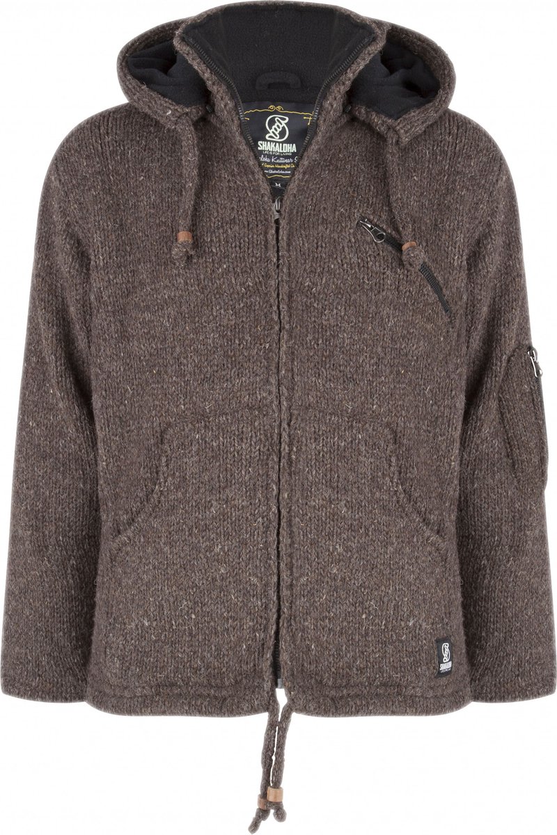 Gebreid Wollen Heren/Uni Vest van Schapenwol met Polyester Fleece voering en afneembare capuchon - SHAKALOHA - M Crush Ziphood S