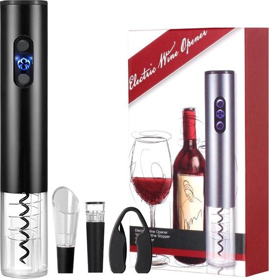 Tire-bouchon électrique - Tire-bouchon à Vin - Accessoires pour le vin - Ouvre-bouteille - Avec coupe-capsule - Fonctionne sur batterie - Zwart - Astuce cadeau parfaite !