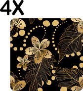 BWK Luxe Placemat - Gouden Chinese Bloemen op Zwarte Achtergrond - Set van 4 Placemats - 50x50 cm - 2 mm dik Vinyl - Anti Slip - Afneembaar