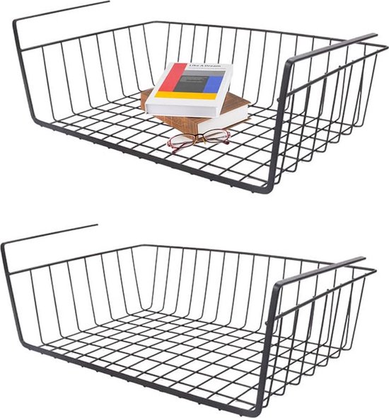 Hangmand, rek, 2 stuks onderrek, opbergmand, kastmand om op te hangen, hangmand van metaal, opbergorganizer, hangende mand voor keuken, kantoor, badkamer, kast, zwart