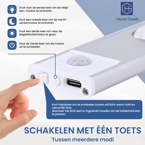 Heuts Goods - LUXE Nachtlampje met bewegingssensor - Wandlamp - Wandlamp Binnen - USB Oplaadbaar - Magnetische Montage - Dimbaar - LED Licht - Inclusief Oplaadkabel - Meerdere kleuren - 60CM van Heuts Goods — afbeelding 4