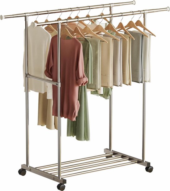 Portant à Vêtements Double Sur Roulettes – Acier Robuste, Barres Réglables, Idéal Garde-robe & Chambre