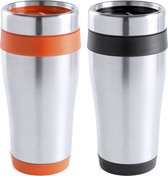 Tasses chauffantes/tasses à café/tasses isothermes - 2x pièces - acier inoxydable - noir et orange - 450 ml