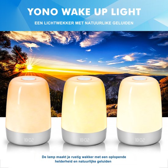 YONO Wake Up Light – Slaapwekker – Nachtlamp – Lichtwekker met Natuurlijke Geluiden - Digitale Wekker Slaapkamer - YONO