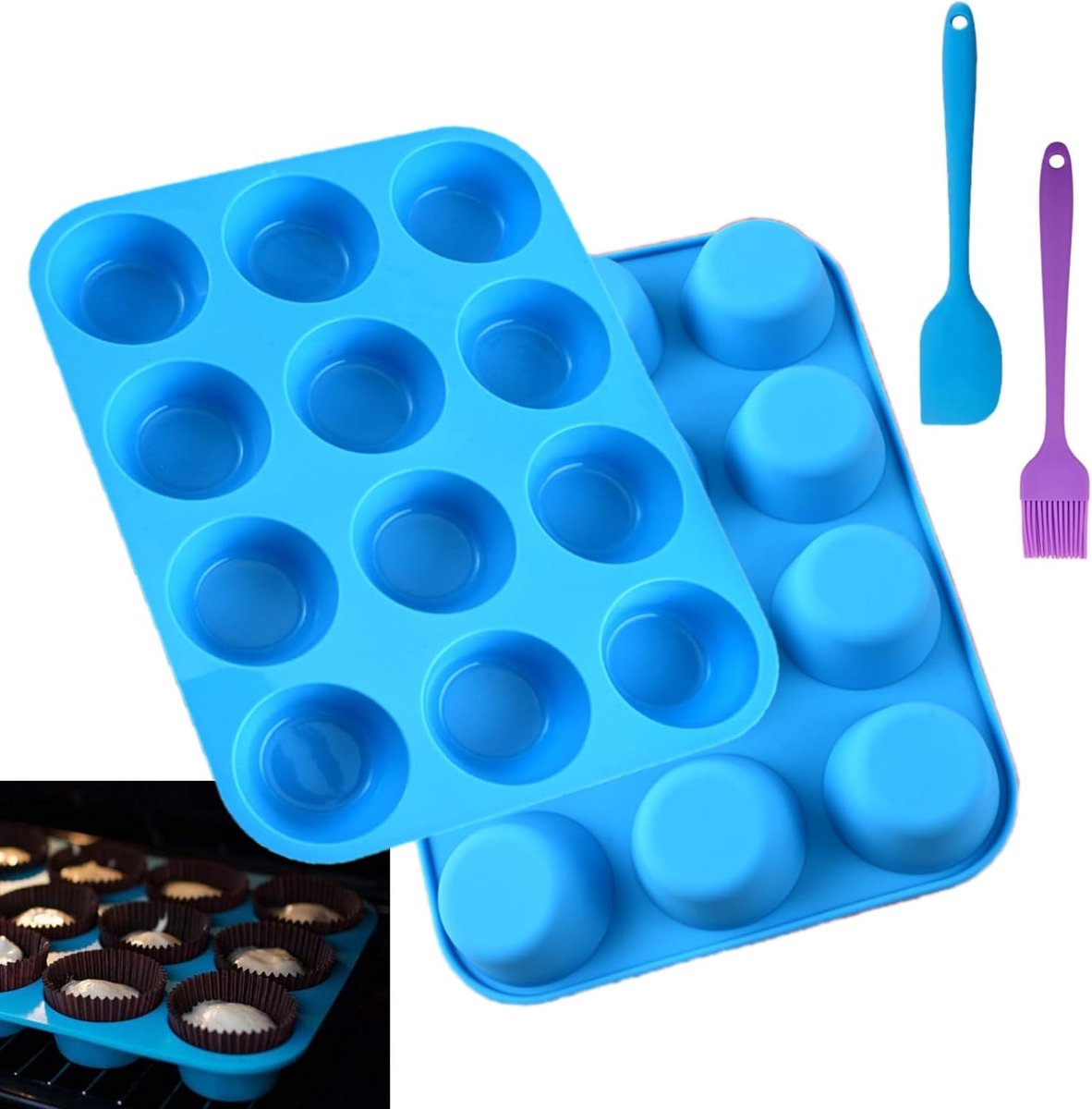 Muffinplaat, siliconen muffinvorm voor 12 muffins 2 stuks, mini muffins siliconen bakvorm BPA-vrije cupcake vormpjes bakvormen cakevorm pudding vorm 29,2 x 22 cm (diameter 6,2 cm x 2,9 cm)