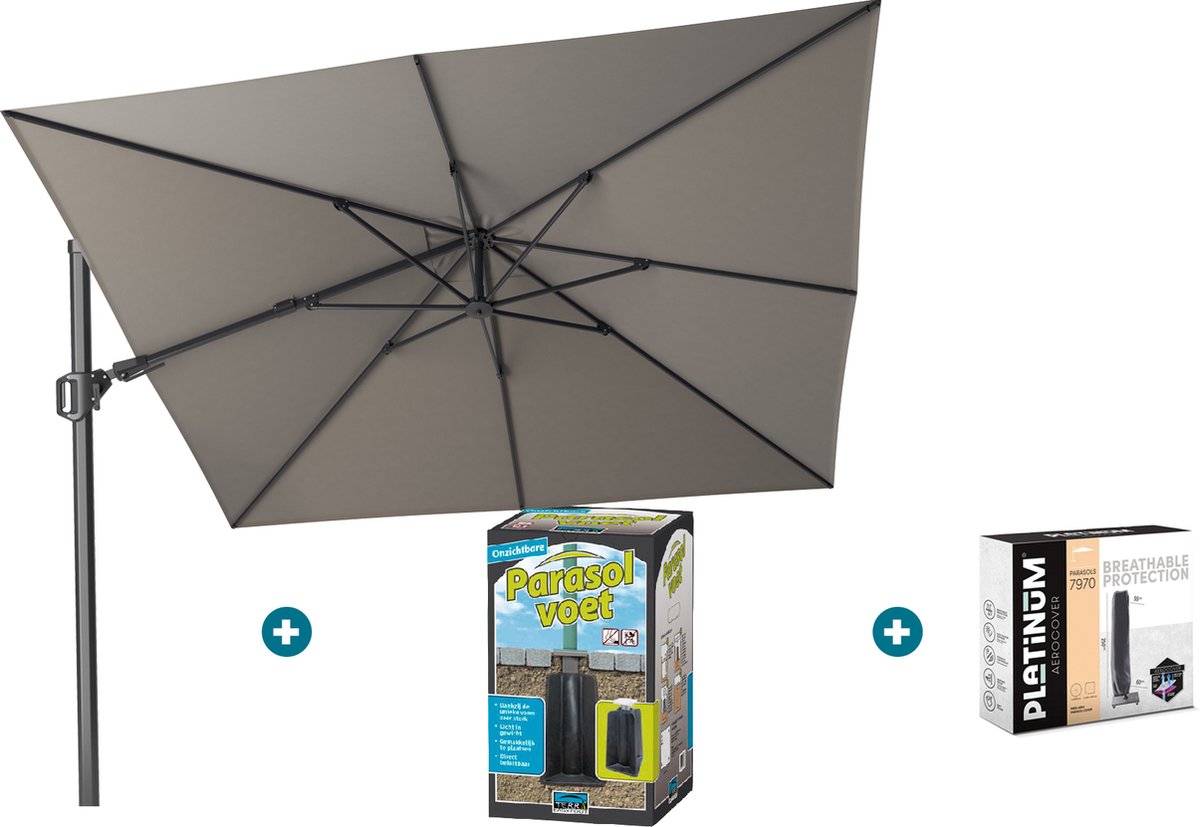 Platinum Challenger zweefparasol T2 - 3x3 m. - Manhattan Grey - met ingraafvoet en hoes