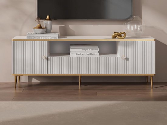 PASCAL MORABITO Tv-meubel met 2 deuren, 1 lade en 1 nis van mdf en staal - Wit en goudkleurig - SINEAD - van Pascal Morabito L 160 cm x H 55.2 cm x D 35 cm
