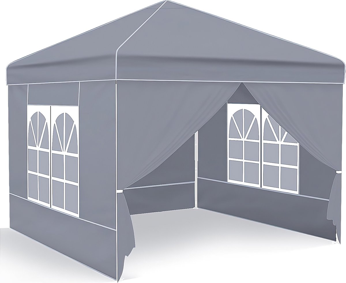 JOEAIS Opvouwbare tuinprieel 3 x 3 Waterdicht Stabiel Winterbestendig met 4 zijpanelen en ramen Tuinfeesttent UV-bescherming 50+ voor festivals Feest Markt Vlooienmarkt en Kamperen Grijs