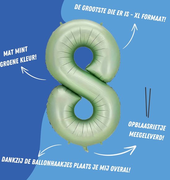 XL mintgroene folieballon in de vorm van een 8. Inclusief opblaasrietje en ophanglusjes.