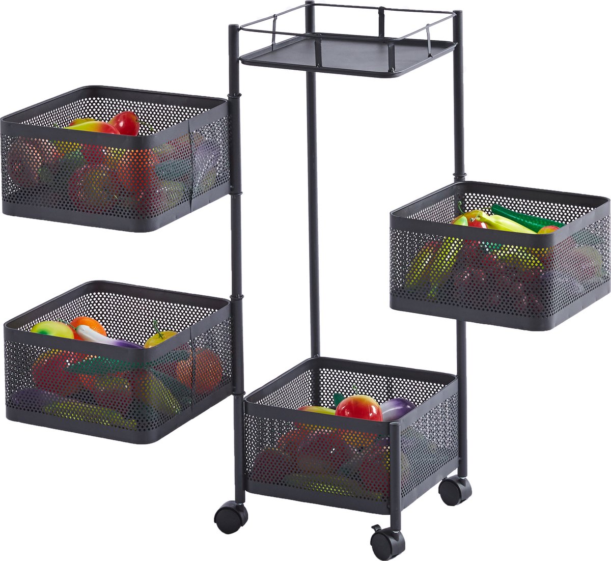 Furnilux Keukenrek met 4 Manden - Functioneel en Stijlvol Zwart Metaal - 28 x 28 x 77 cm