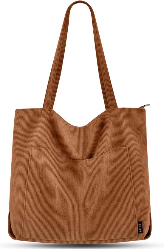 Handtas dames tote bag shopper grote schoudertas koord buideltas stoffen tas voor college school werk reizen winkelen, bruin