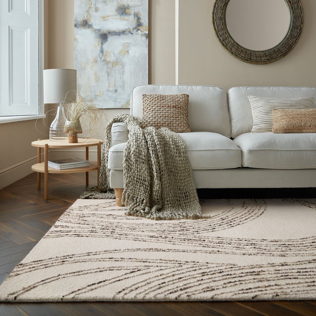 flycarpets Abstract Swirl Modern Laagpolig - 100% Wol Vloerkleed - Naturel / Bruin / Beige - 160x230 cm
