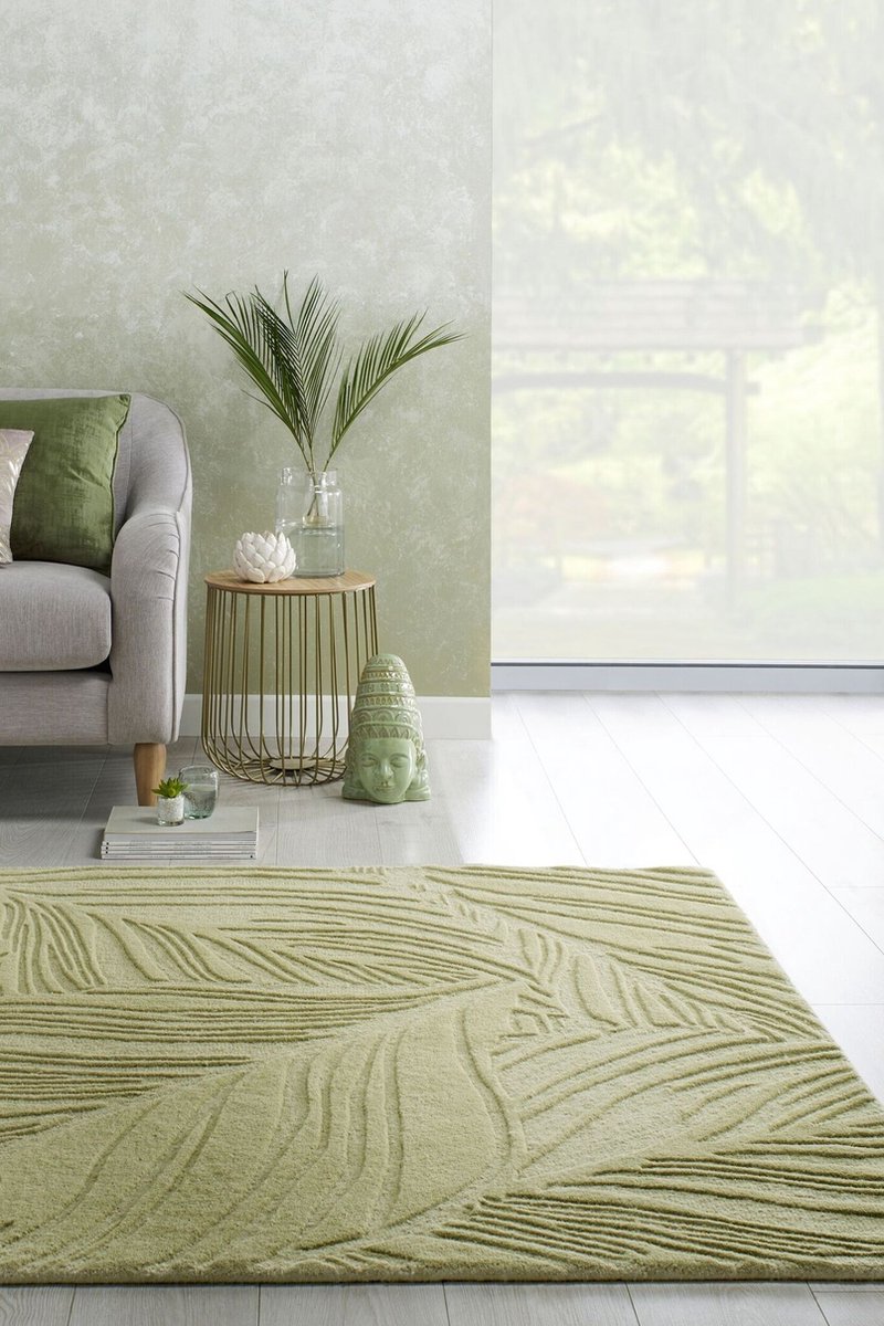 flycarpets Lino Leaf Modern Laagpolig - 100% Wol Vloerkleed - Salie Groen - 160x230 cm