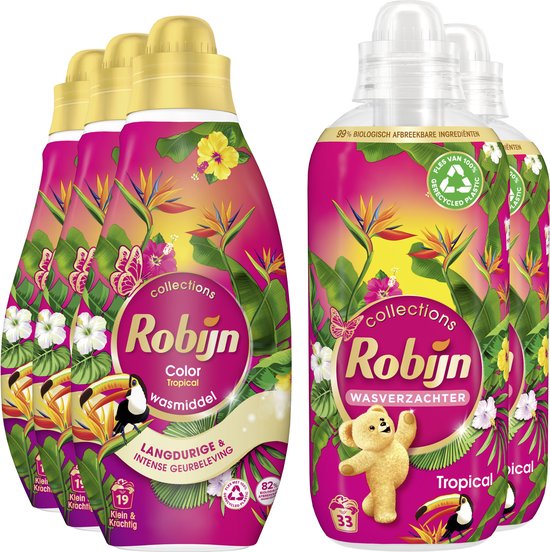 Robijn Tropical wasmiddel en wasverzachter. Flesjes met tropische print, bloemen, papegaai en een teddybeer. Set van 5.