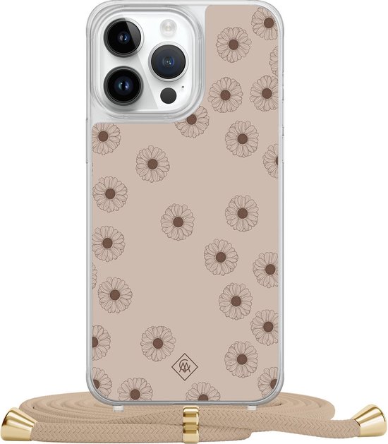 Casimoda® hoesje met beige koord - Geschikt voor iPhone 13 Pro Max - Cute Flowers - Afneembaar koord - TPU/polycarbonaat - Zwart