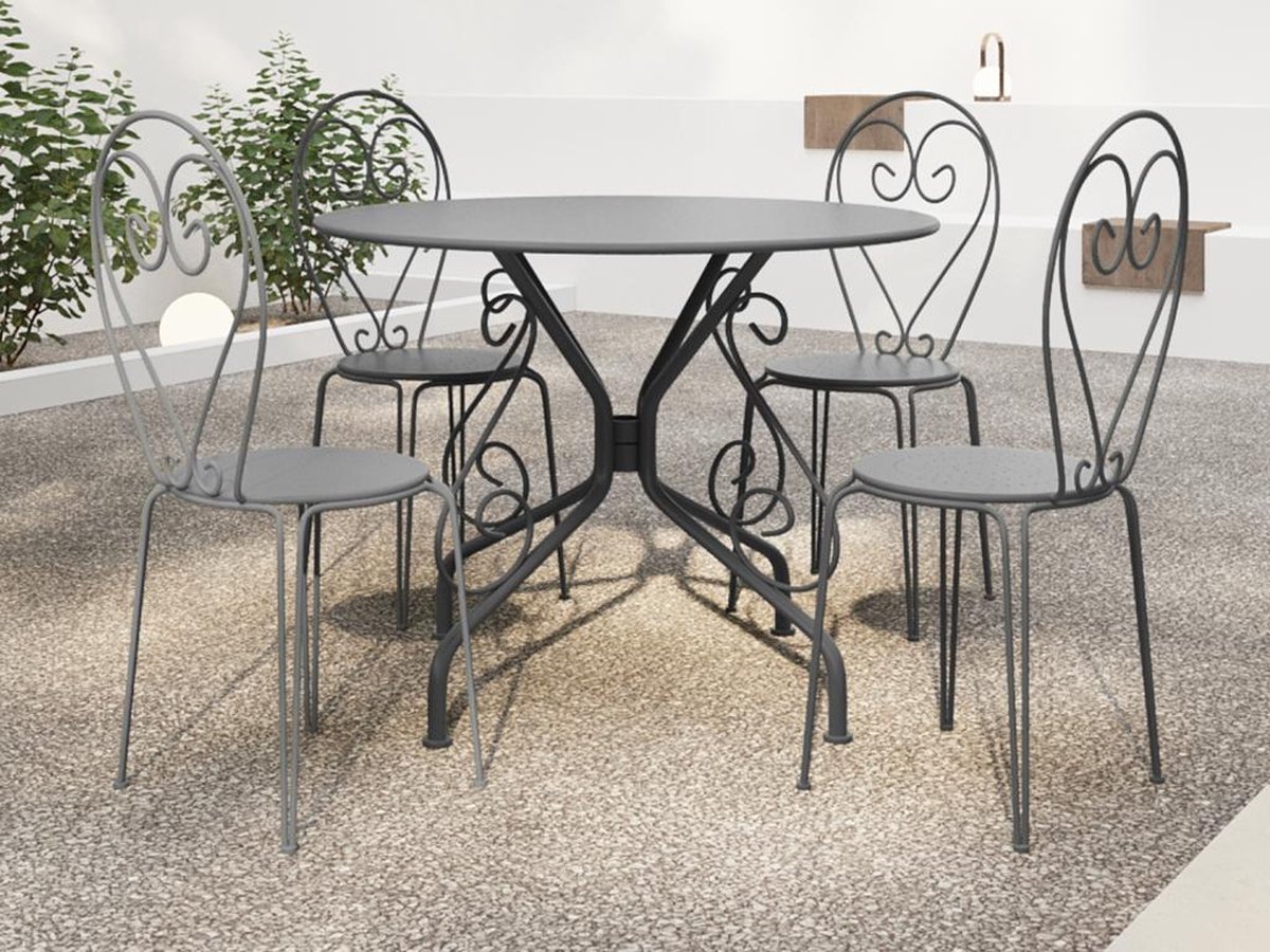MYLIA Metalen tuineethoek met gietijzeren stijl: een tafel D120 cm en 4 opstapelbare stoelen - Antraciet - GUERMANTES van MYLIA L 120 cm x H 90 cm x D 120 cm