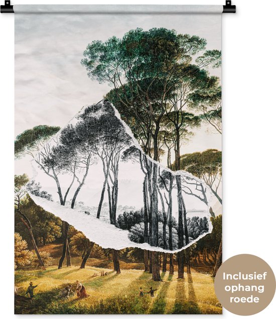 Wandkleed - Wanddoek - Italiaans landschap parasoldennen - Kunst - Hendrik Voogd - Schilderij - Zwart wit - Oude meesters - 60x90 cm - Wandtapijt