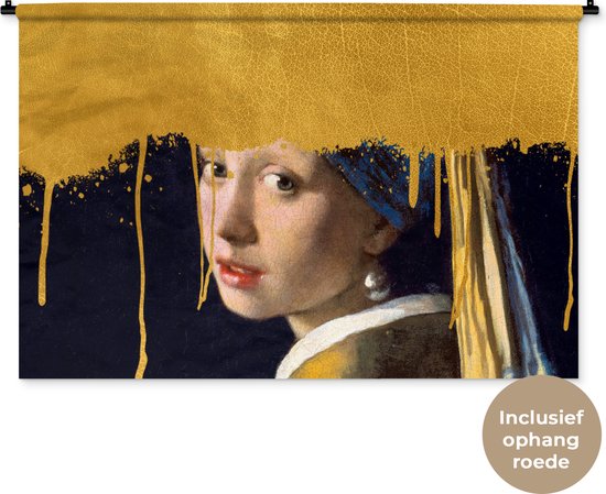 Wandkleed - Wanddoek - Meisje met de parel - Goud - Vermeer - 150x100 cm - Wandtapijt