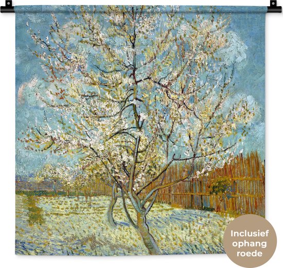 Wandkleed - Wanddoek - Bloeiende perzikboom - Vincent van Gogh - 60x60 cm - Wandtapijt
