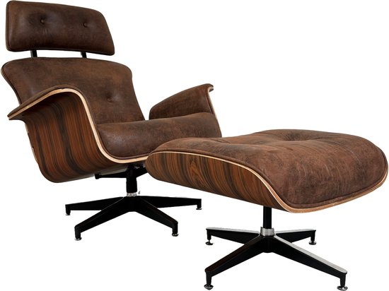 Lounge Chair XL met Extra hoge rugleuning + Hocker - Vintage Bruin - Palissander - Meubi - Fauteuil - Set