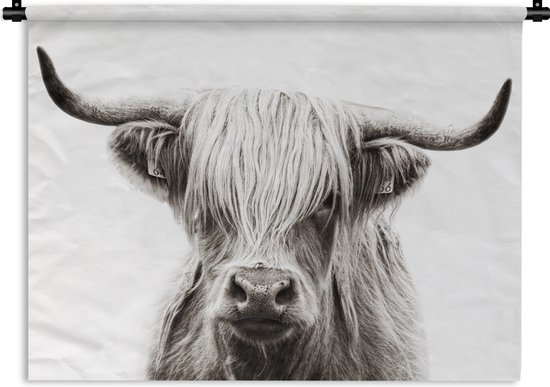 Tenture murale - Tissu mural - Highlander écossais - Animaux - Zwart - Wit - 90x67,5 cm - Tapisserie