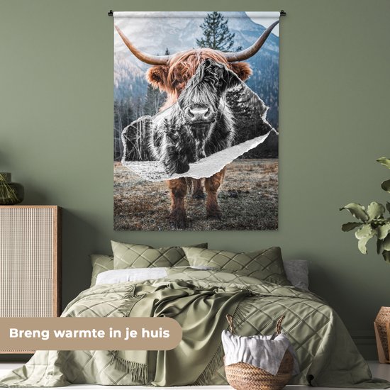 Tenture murale - Tissu mural - Highlander écossais - Animaux - Zwart - Wit - 120x160 cm - Tapisserie murale