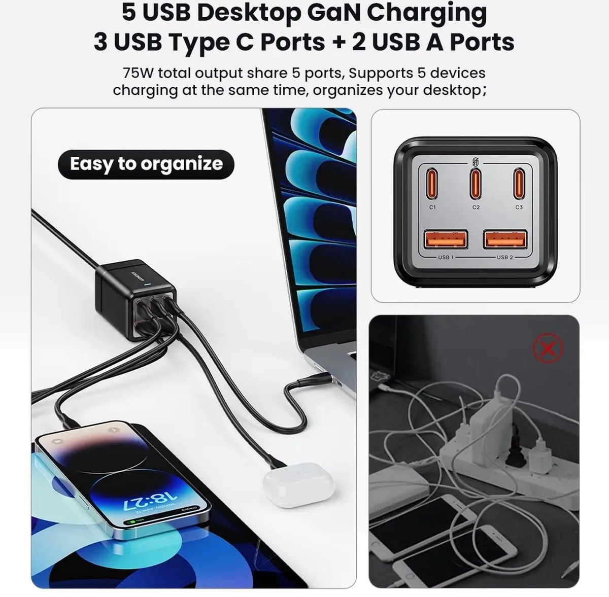 75W GaN USB C Oplader Desktop USB Oplader Meerdere poort PPS PD 70W Snellader Voor Macbook Air iPhone Samsung