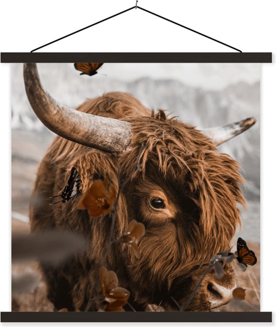 Porte-affiche avec affiche 60x60 cm - Affiche scolaire - Papillons - Highlander écossais - Fleurs - Affiche textile - Lattes noires