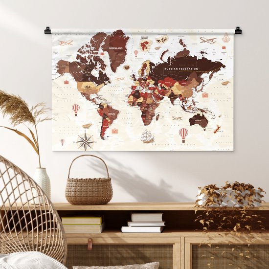 Tapisserie Cartes du mondeIllustrations de Noël - Wereldkaart avec noms de pays et diverses illustrations aux couleurs rouge foncé et marron Tapisserie coton 90x60 cm - Tapisserie avec photo