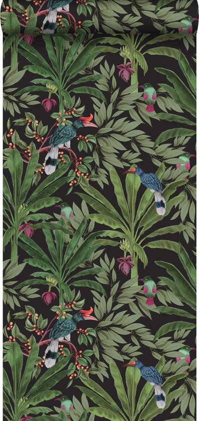 Walls4You behang tropische jungle bladeren en paradijsvogels zwart en groen - 935332 - 0,53 x 10,05 m