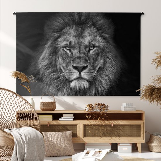 Tapisserie - Lion - Animaux - Portrait - Zwart et blanc - Tapisserie - Katoen - Décoration salon - Tapisserie - Tapisseries pour intérieur - 180x120 cm - Tapisserie - Décoration murale murale - Décoration murale murale - Tapisseries - Tapisserie