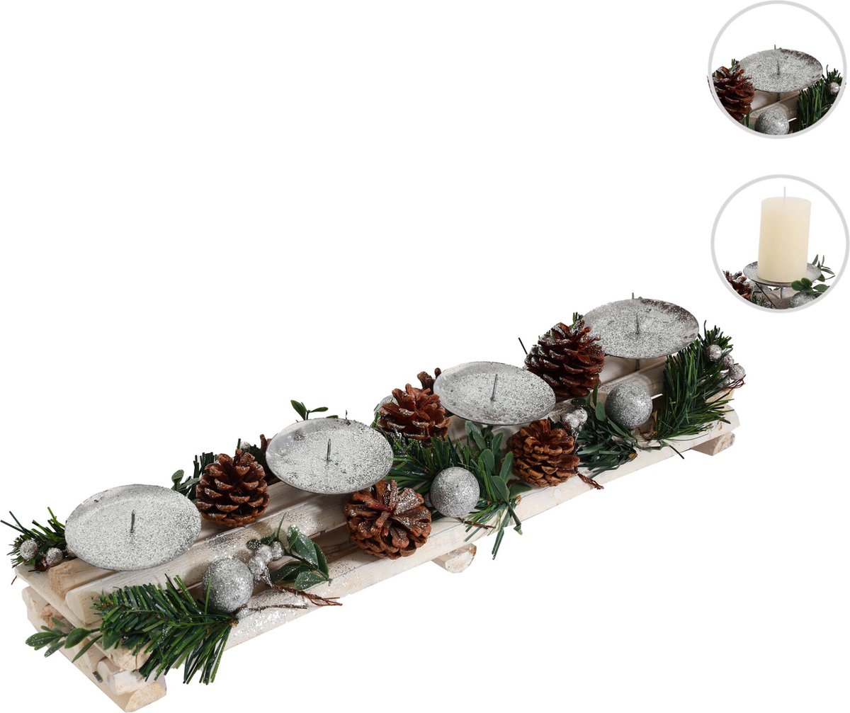 Advent arrangement MCW-M12 met kaarsenhouders, adventskrans kerstdecoratie hout zilver wit 18x49x13cm ~ zonder kaarsen – foto 8