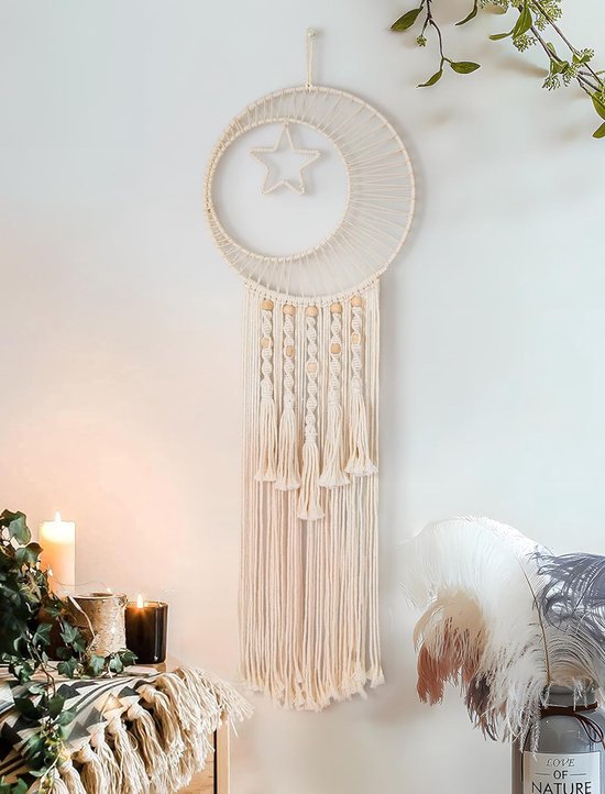 Macramé dromenvanger, grote ster maan wandbehang dromenvanger, handgemaakte boho kwasten decoratie wooncultuur ornament