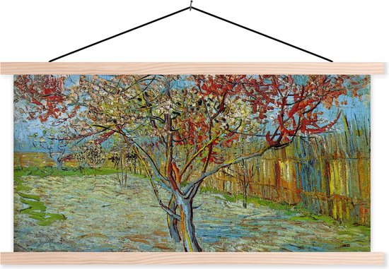Posterhanger incl. Poster - Schoolplaat - De roze perzikboom - Vincent van Gogh - 60x30 cm - Blanke latten