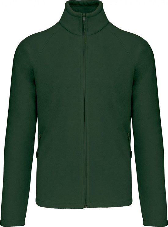 Veste polaire verte zippée, manches longues et col montant.