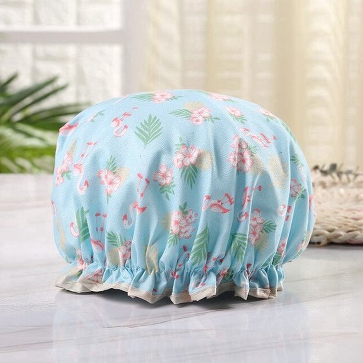 Goedkoopste CHPN - Douchemuts - Hippe douchemuts - Blauw met flamingo en bloemetjes - Douchekapje - Praktische douchemuts - Douche kapje - Douche cap - Douchecap - Douche muts - Shower cap - Flamingo en bloemen