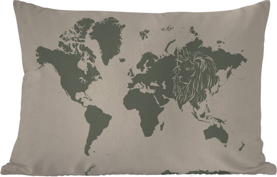 Buitenkussens - Tuin - Grijze wereldkaart met een illustratie van een leeuw - 60x40 cm