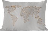 Sierkussen Eigen Wereldkaarten voor buiten - Wereldkaart goud lijnen lichtgrijs - 60x40 cm - rechthoekig weerbestendig tuinkussen / tuinmeubelkussen van polyester