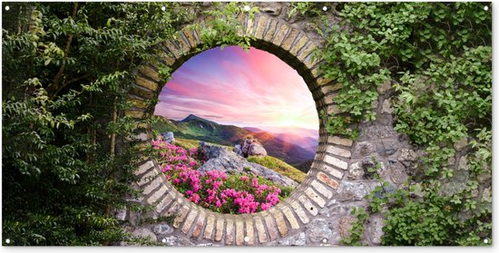 Affiche de jardin - Vue - Montagnes - Pierres - Coucher de soleil - Fleurs - 200x100 cm - Décoration de clôture - Peinture de jardin - Toile de jardin
