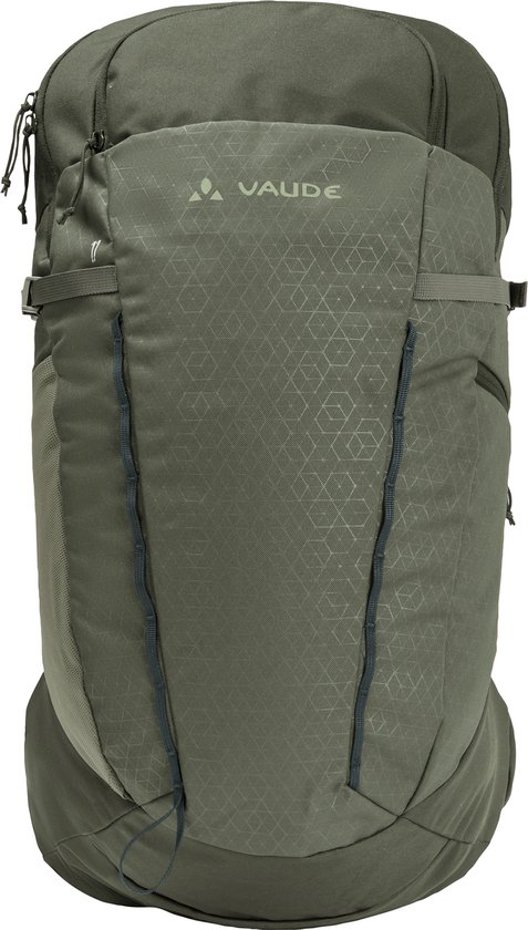 Voorkant van groene VAUDE rugzak met geometrisch patroon.