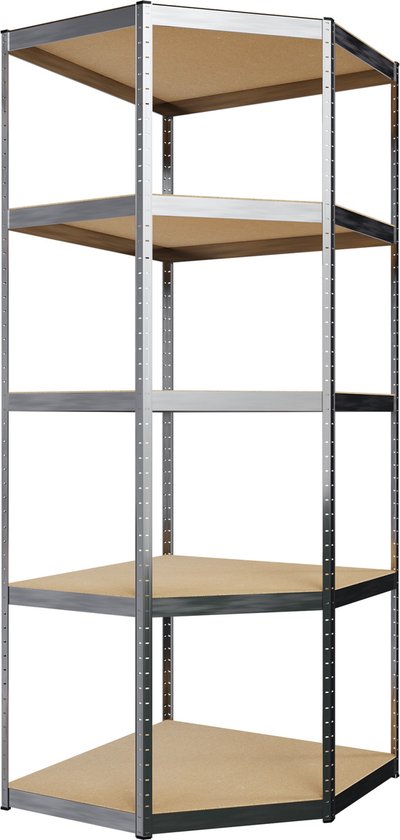 Een hoekmagazijnstelling van metaal met houten planken, geïsoleerd op een witte achtergrond.