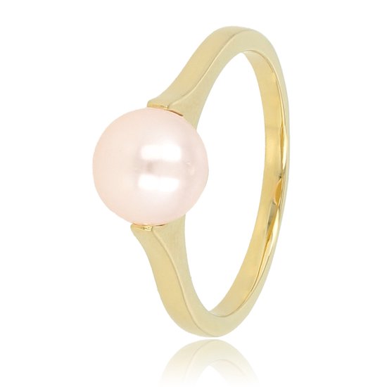 My Bendel - Ring goudkleurig met grote roze parel - Goudkleurige aanschuifring met grote roze parel - Met luxe cadeauverpakking