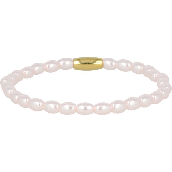 My Bendel - Armband goud met ovale roze parels - Gouden elastische armband met ovale roze parels - Met luxe cadeauverpakking